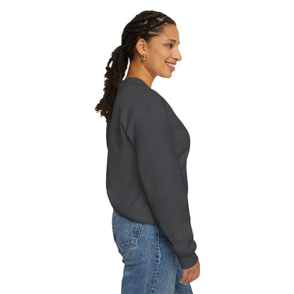 Side view of Christian crewneck worn on model