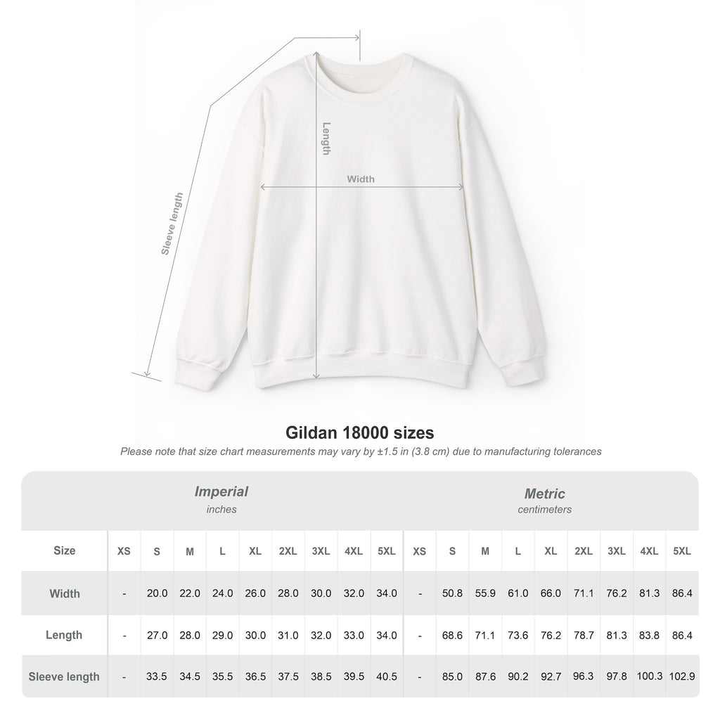 Heavy blend size chart for sweatshirt displayed flat for adults