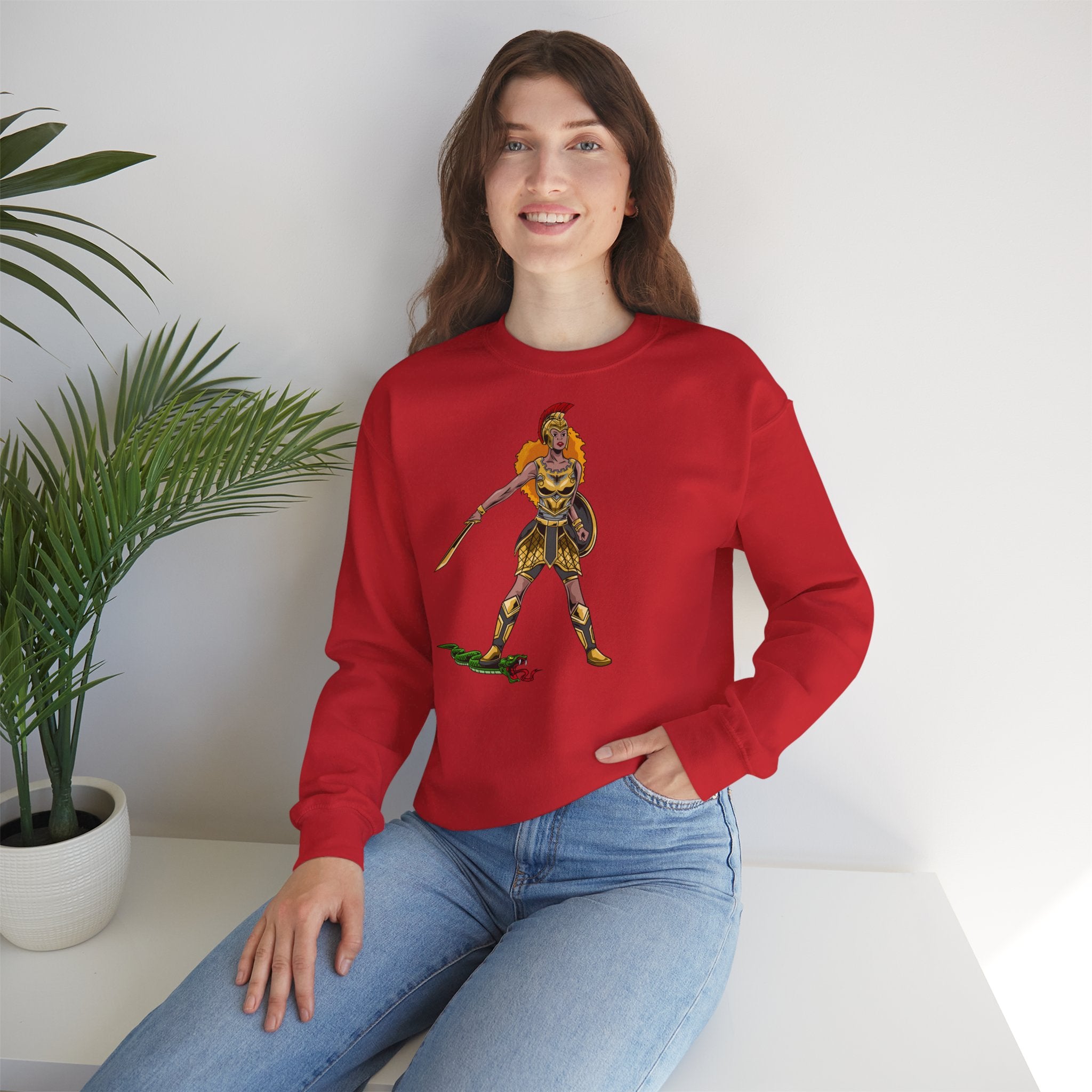 Model wearing Cozy cotton-polyester sweatshirt with Woman of Faith print