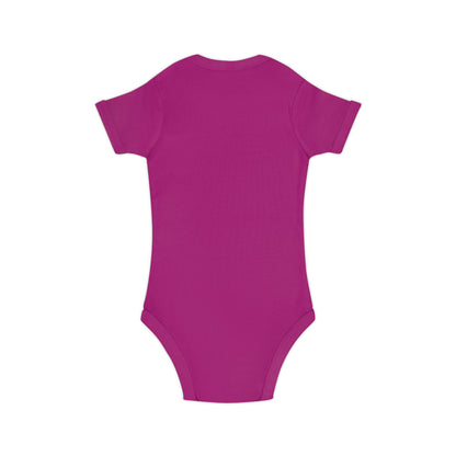 Detail shot of envelope neck and bottom poppers on pink Christian baby bodysuit
