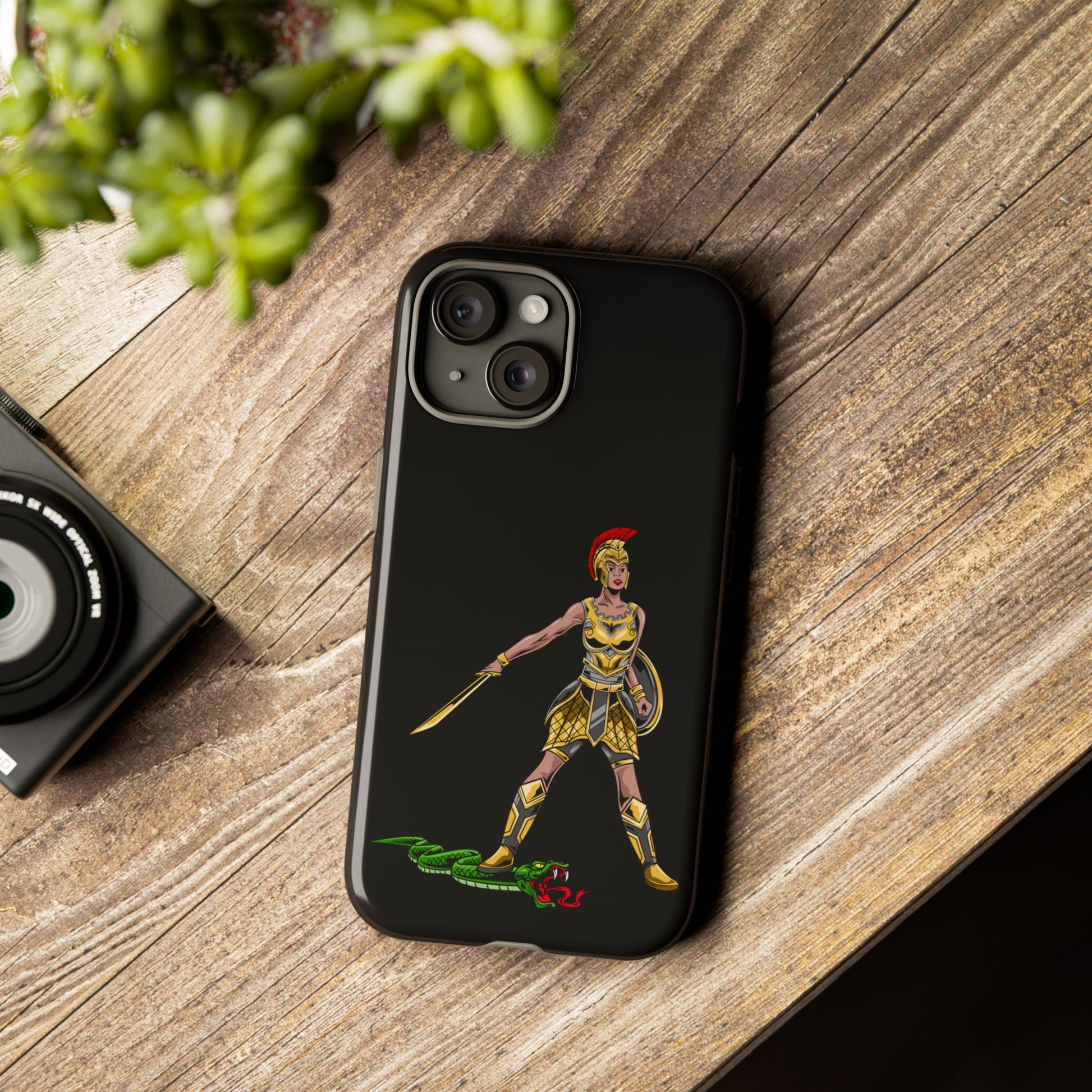 Black Christian phone case with “The Woman of Faith” design – strength and courage in God