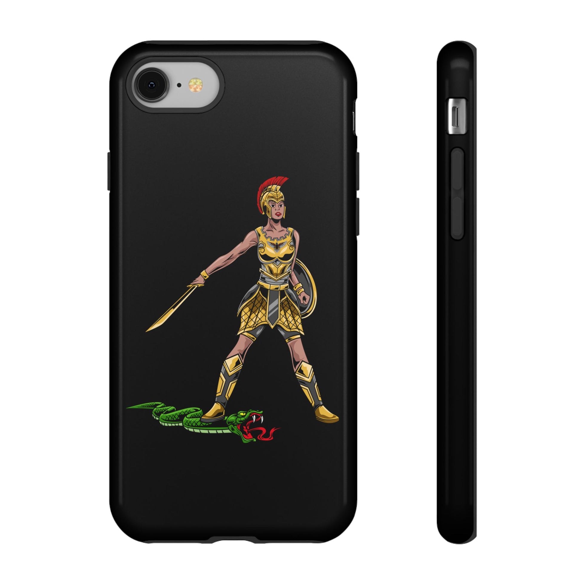 Black Christian phone case with “The Woman of Faith” design – strength and courage in God