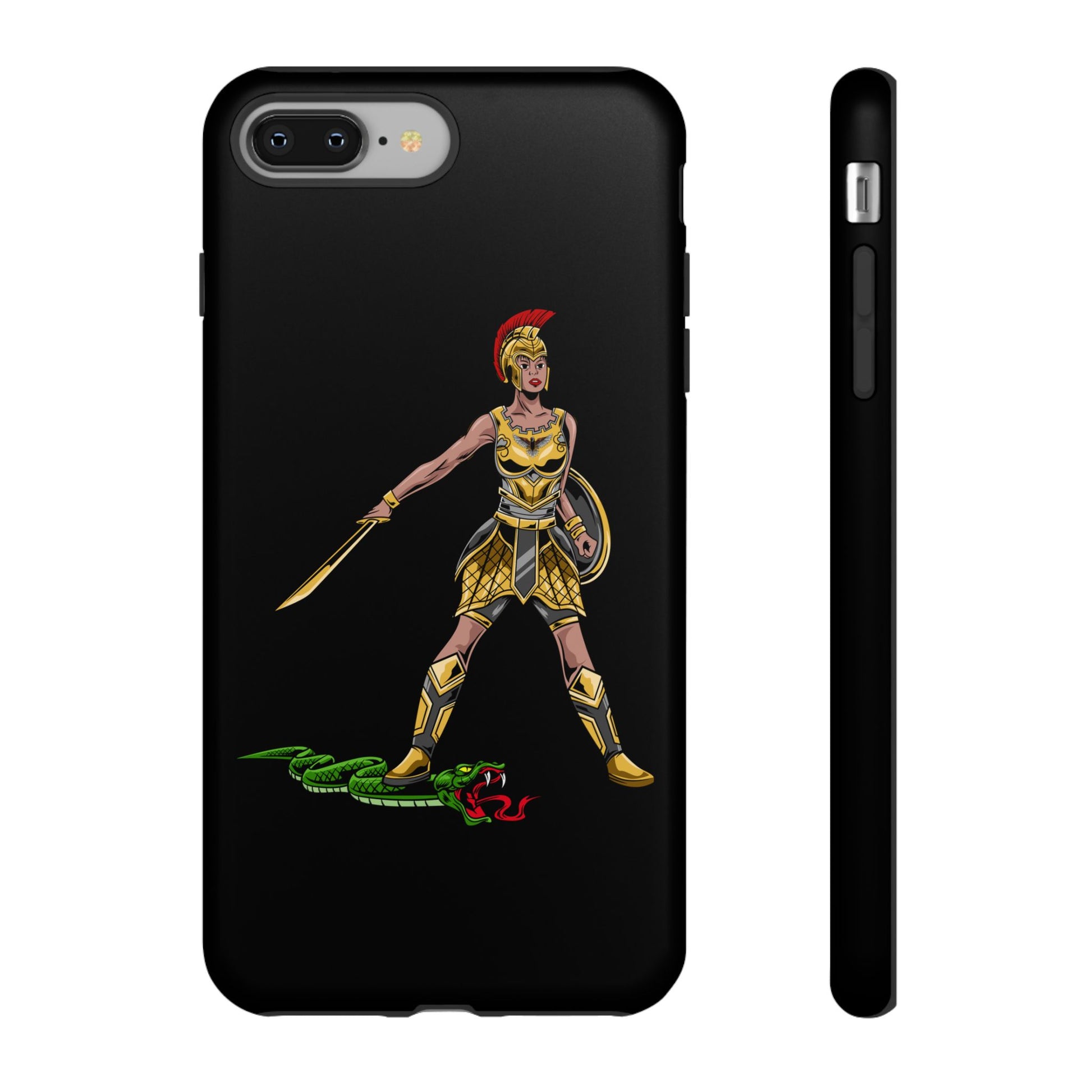 Black Christian phone case with “The Woman of Faith” design – strength and courage in God