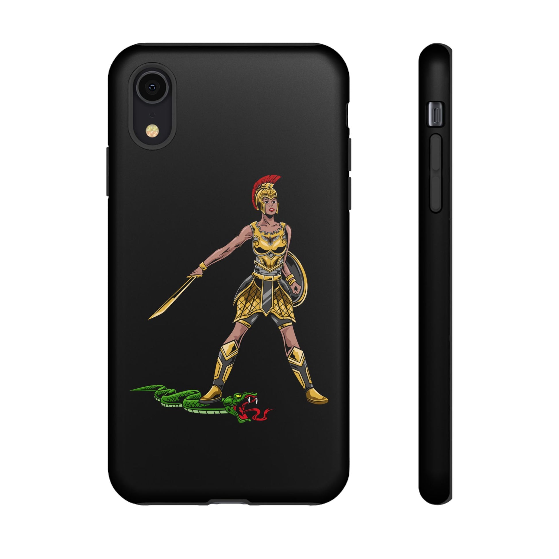 Black Christian phone case with “The Woman of Faith” design – strength and courage in God