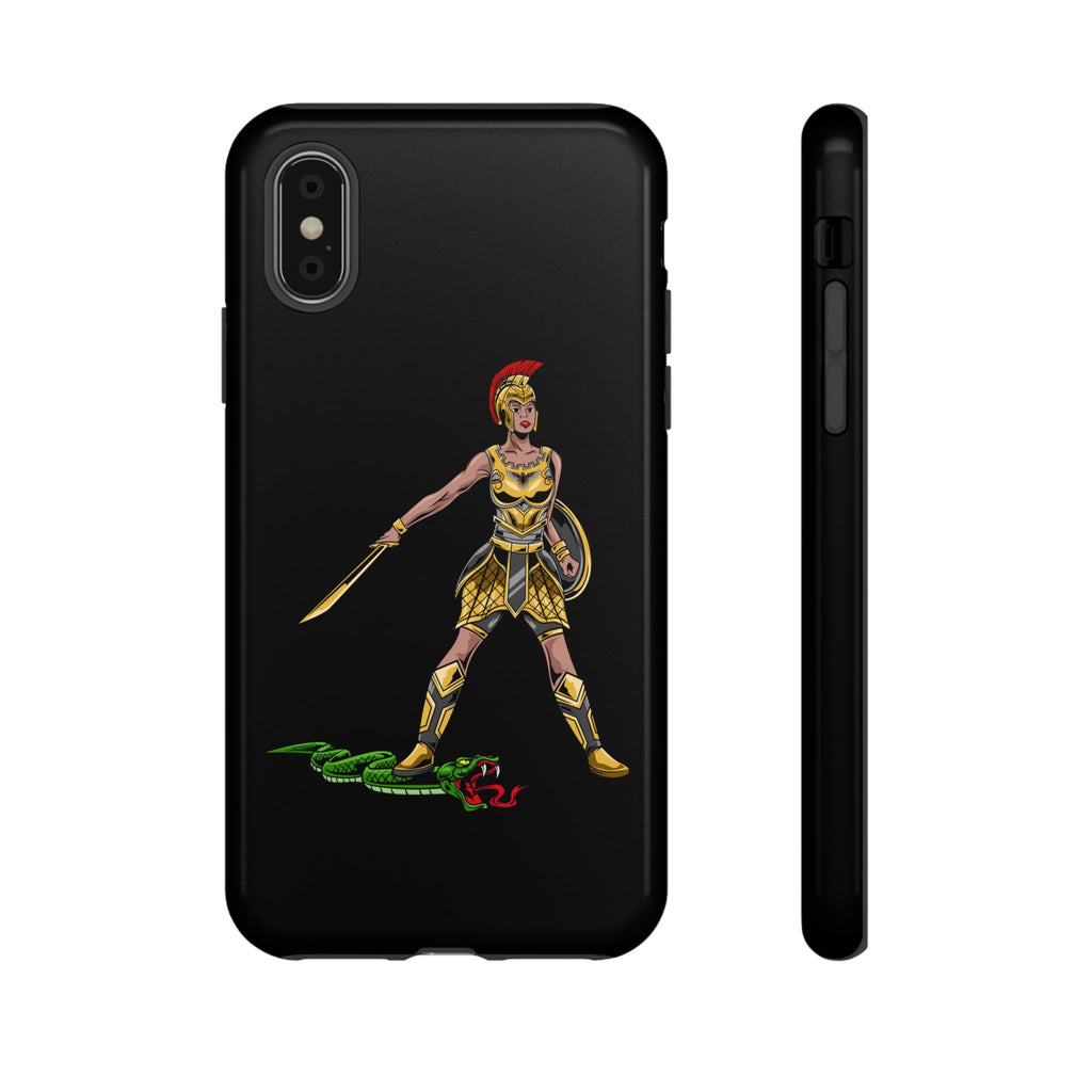 Black Christian phone case with “The Woman of Faith” design – strength and courage in God
