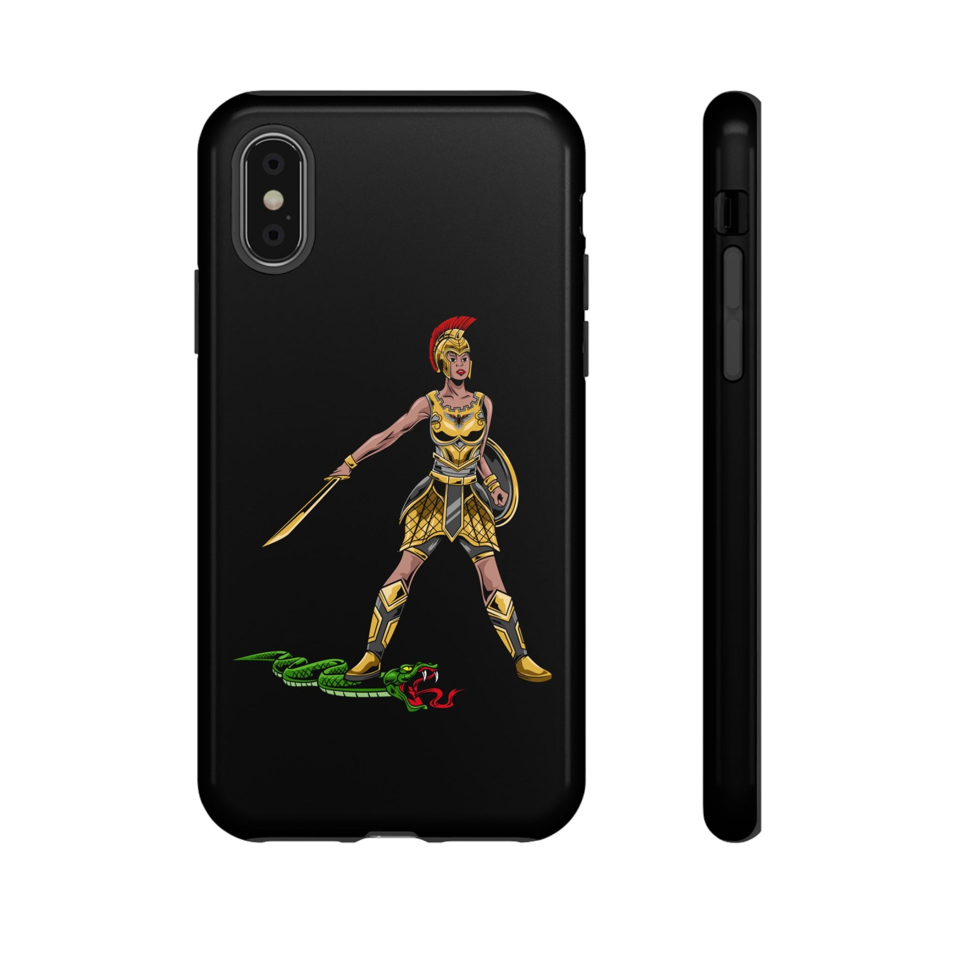 Black Christian phone case with “The Woman of Faith” design – strength and courage in God