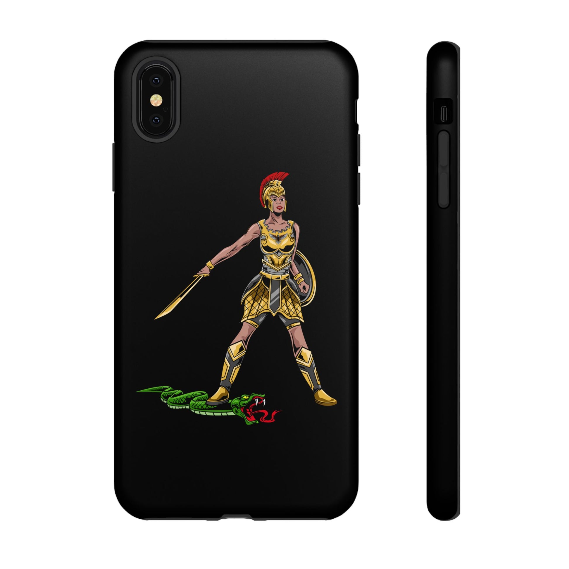 Black Christian phone case with “The Woman of Faith” design – strength and courage in God
