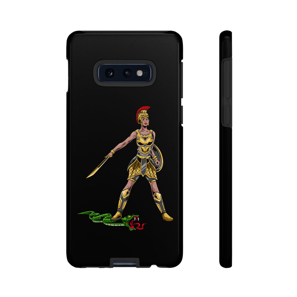 Black Christian phone case with “The Woman of Faith” design – strength and courage in God