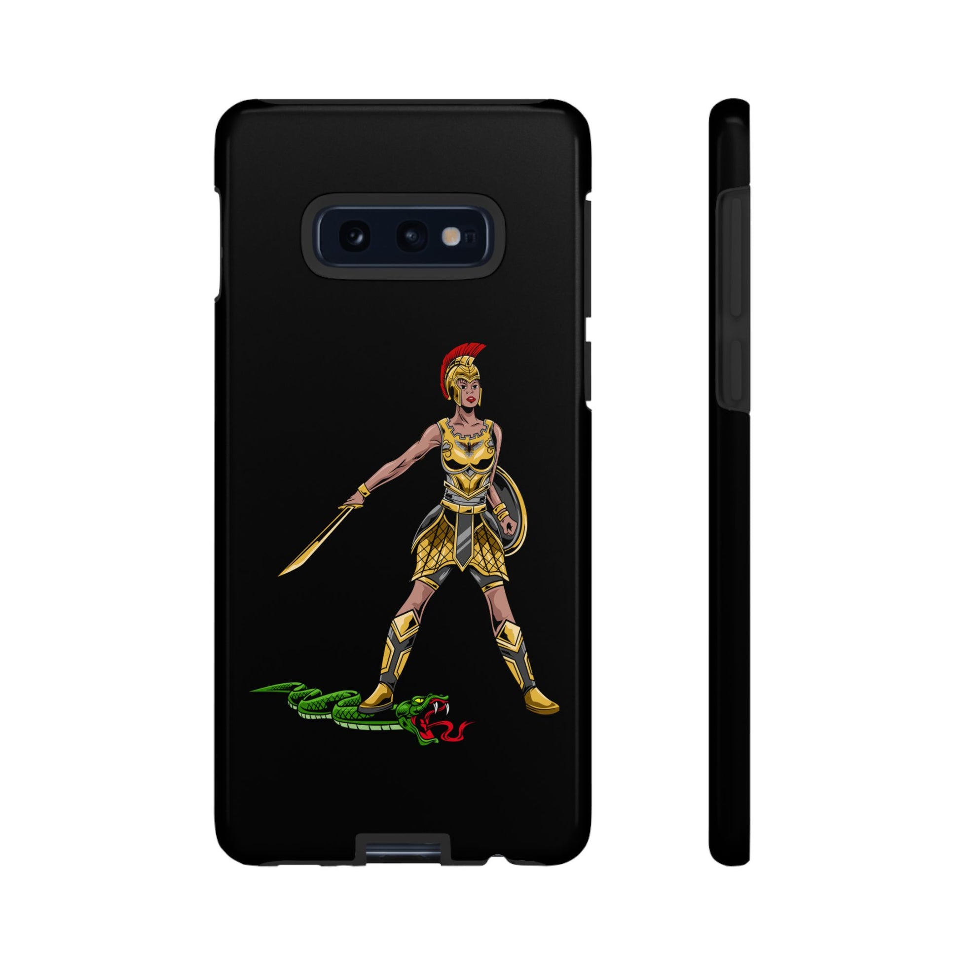 Black Christian phone case with “The Woman of Faith” design – strength and courage in God