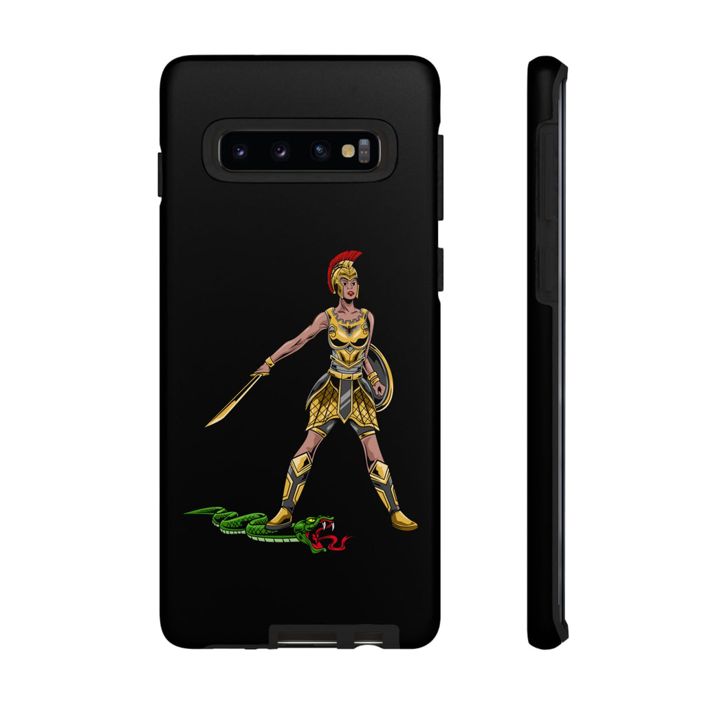 Black Christian phone case with “The Woman of Faith” design – strength and courage in God