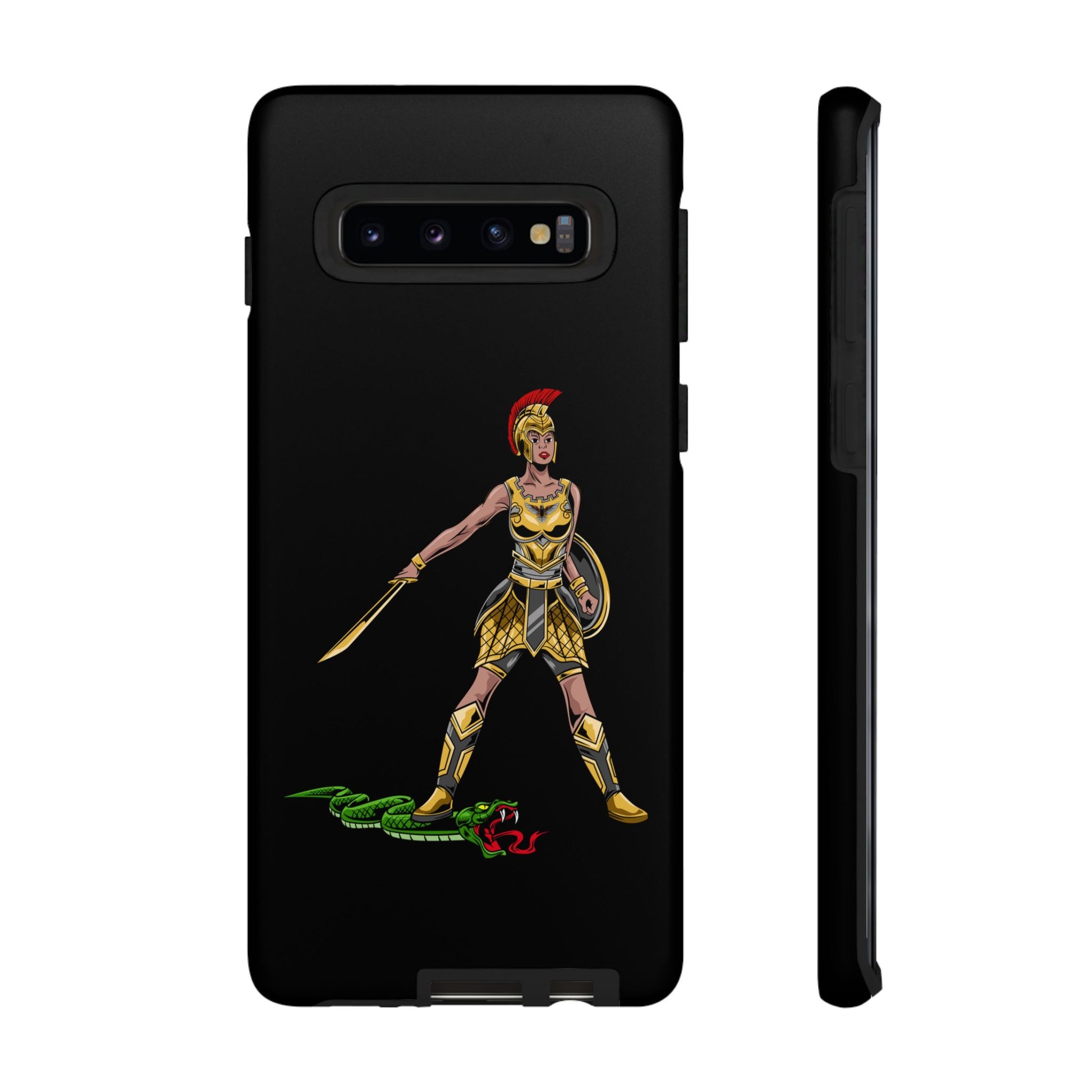 Black Christian phone case with “The Woman of Faith” design – strength and courage in God