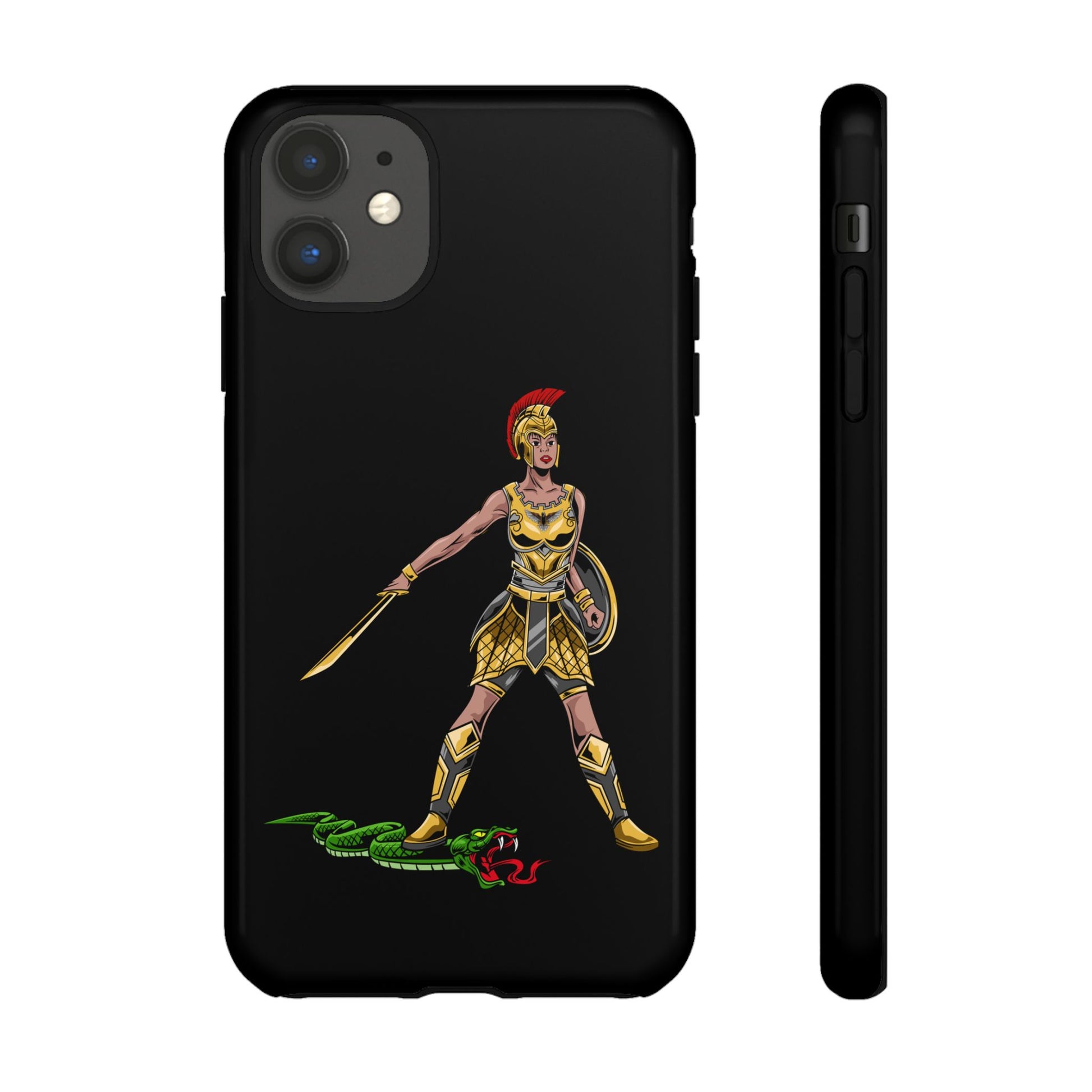 Black Christian phone case with “The Woman of Faith” design – strength and courage in God