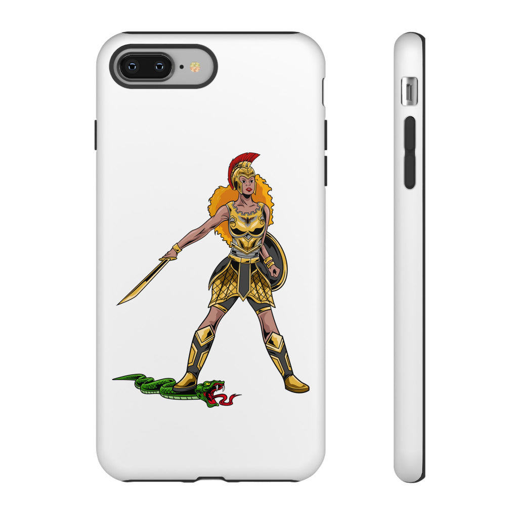 White Christian phone case with “The Woman of Faith” design – strength and courage with God