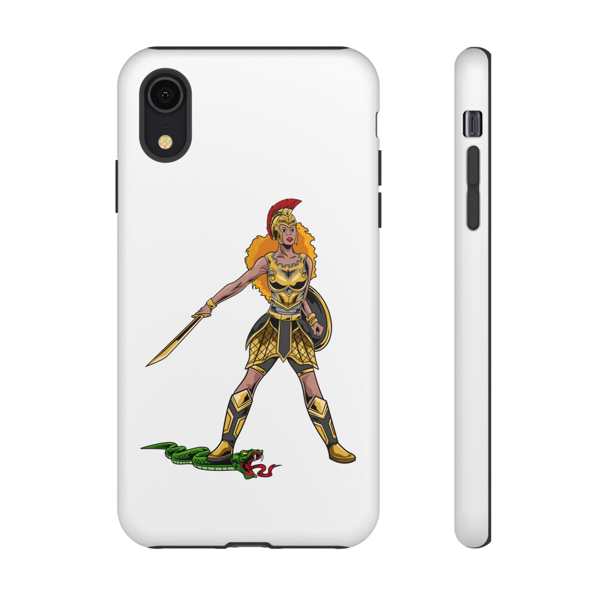White Christian phone case with “The Woman of Faith” design – strength and courage with God