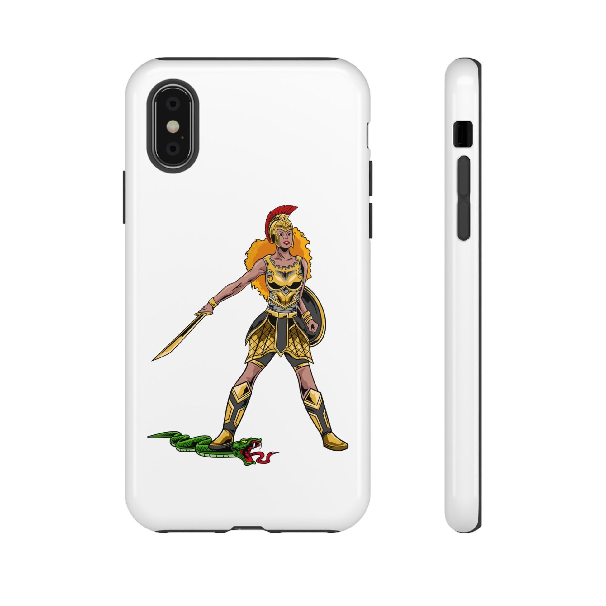 White Christian phone case with “The Woman of Faith” design – strength and courage with God
