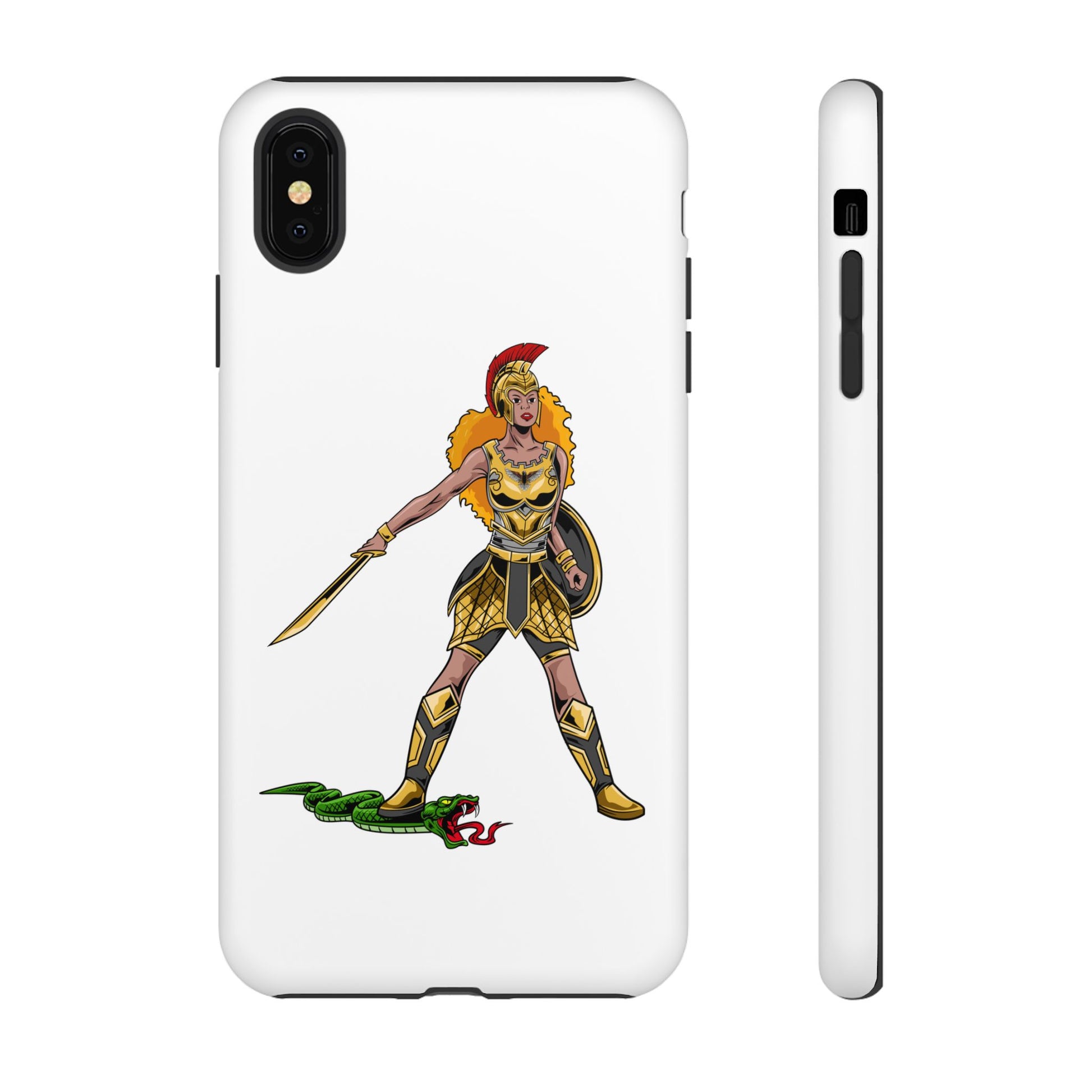 White Christian phone case with “The Woman of Faith” design – strength and courage with God