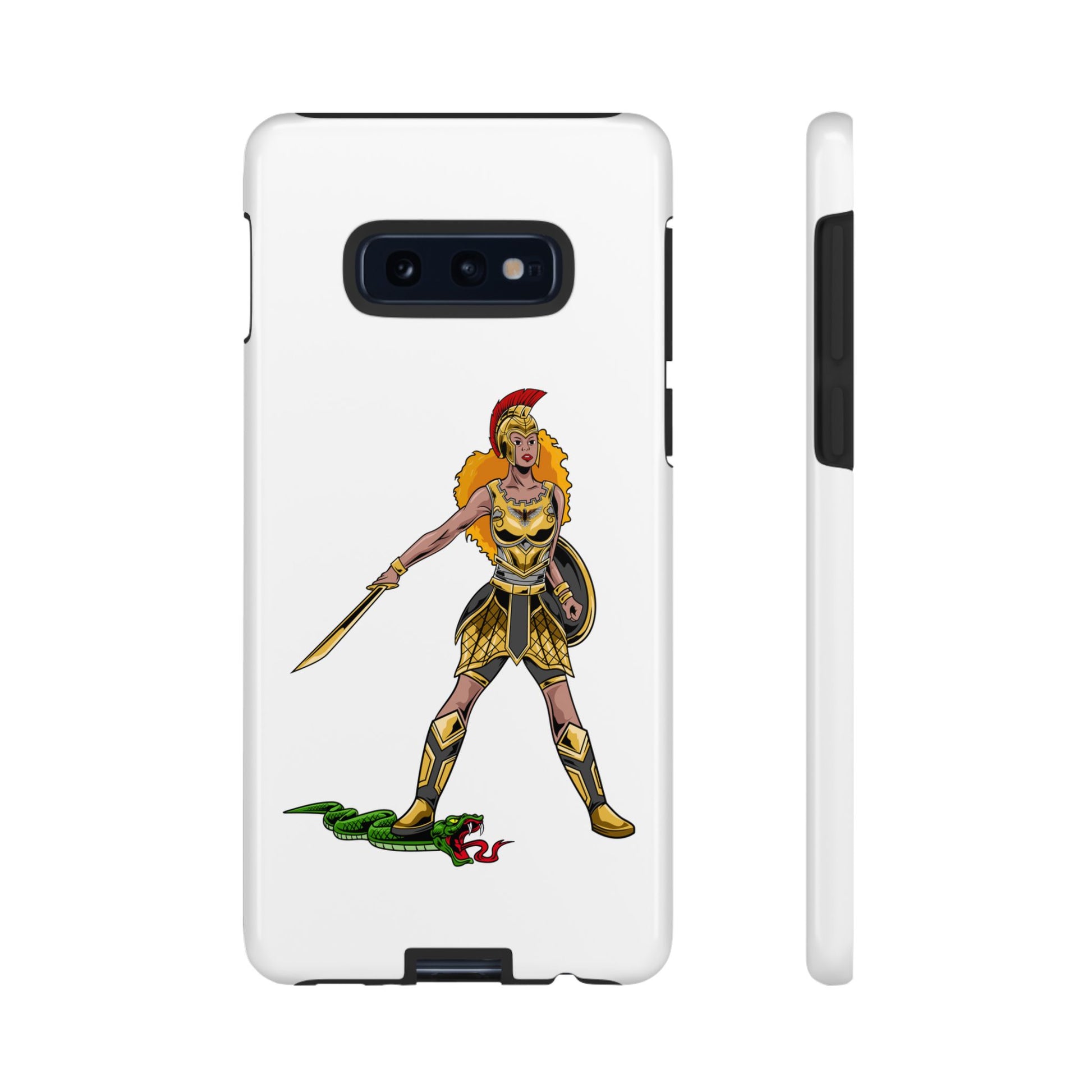 White Christian phone case with “The Woman of Faith” design – strength and courage with God