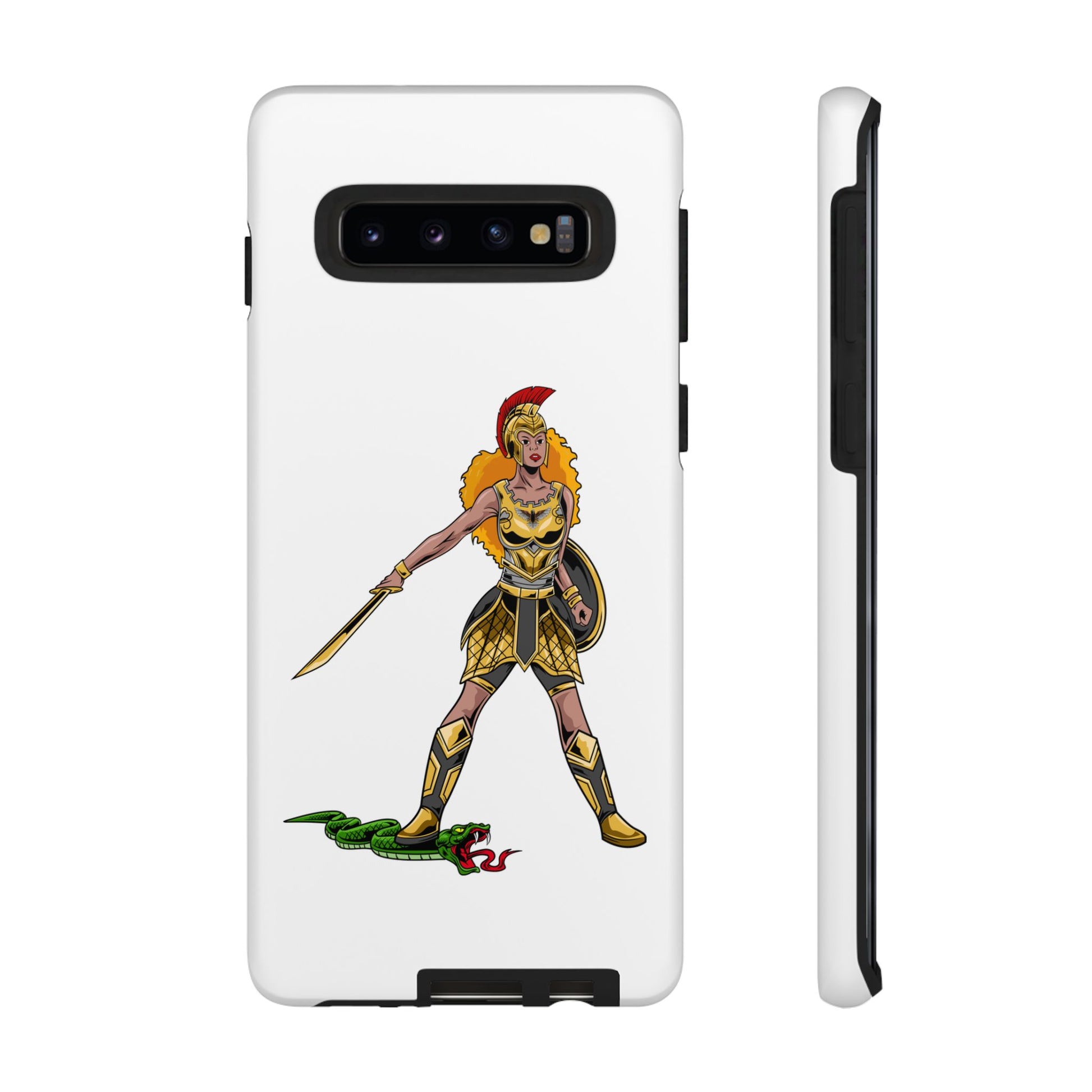 White Christian phone case with “The Woman of Faith” design – strength and courage with God