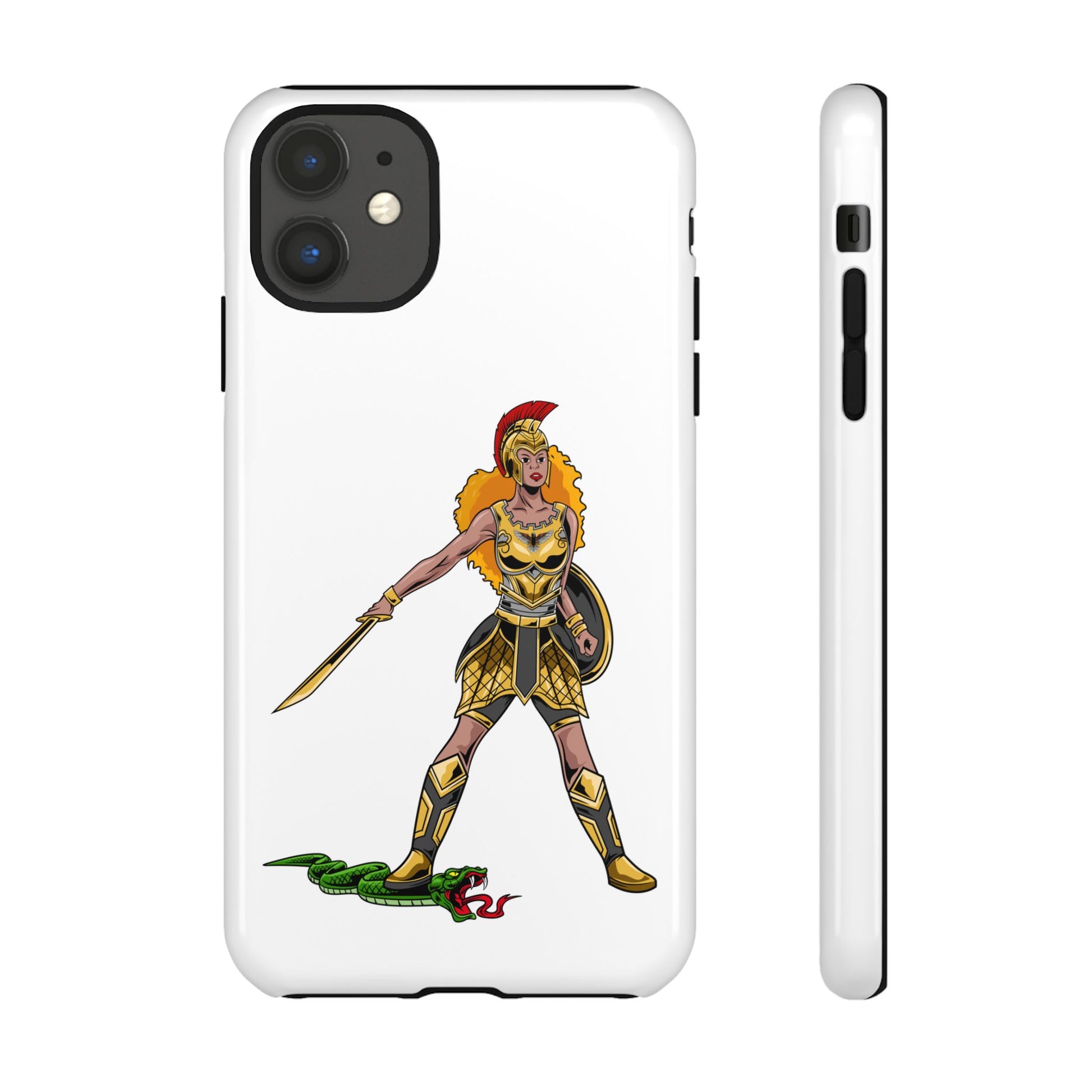 White Christian phone case with “The Woman of Faith” design – strength and courage with God